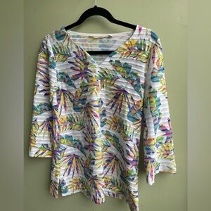 Soft Surroundings Tropical Print w/ Long Sleeves  V Neck Split Hem EUC Size XS